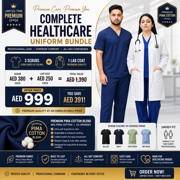 Four-piece medical uniform kit with three scrub sets and one lab coat