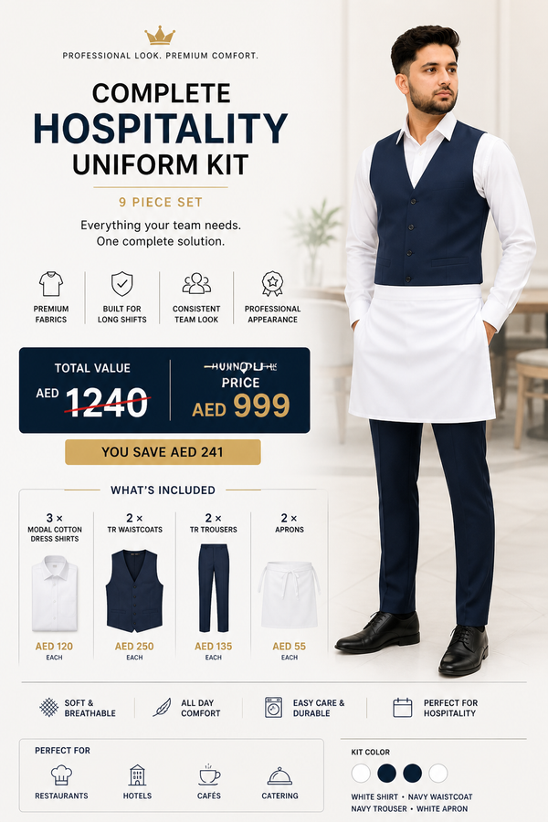 Nine-piece hospitality uniform kit with shirts, waistcoats, trousers and aprons